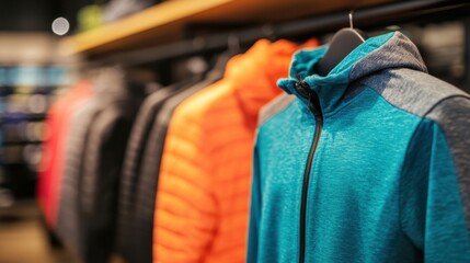 Colorful jackets hang on display in a contemporary sports apparel store, attracting customers with their dynamic styles and designs