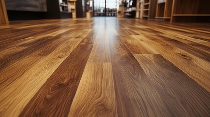Polished wooden floor in bright interior with light and dark grain patterns.