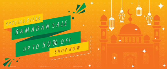 Creative concept of Ramadan Kareem Islamic banner sale template, promotion, header, web. Modern art design with pattern of beautiful Arabic ornament the backdrop of a bright big crescent moon and star