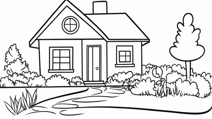 Obraz premium Charming House Coloring Page Features a Cozy Dwelling with Lush Greenery and a Winding Path.