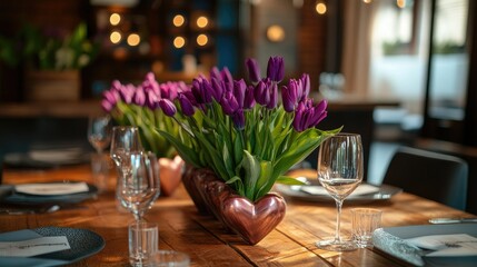 Purple tulips flourishing in heart-shaped pots, warm wooden table setting emphasizing natural beauty.