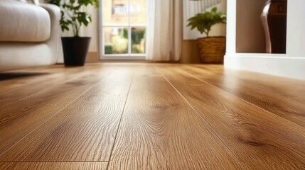 Elegant wooden flooring in cozy sunlit living room with indoor plants.
