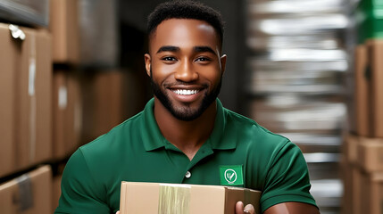 Smiling Delivery Man Holds Package in Warehouse, Ready for Shipment