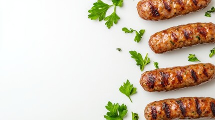 Juicy breakfast sausage links arranged on a clean white background
