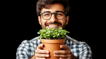 Man Holds Potted Plant, Showing Enthusiasm for Gardening and Plant Care on a Black Background.