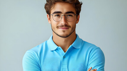 Portrait of a Confident Young Man Wearing Glasses and a Blue Shirt, Exuding Style and Intelligence.