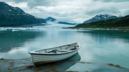 Rowboat Floating on a Mountain Lake