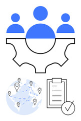 Three people above a gear symbolizing teamwork, a world map with location pins showing network connectivity, and a checklist with a checkmark representing organization. Ideal for teamwork