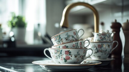 Fototapeta premium Used tableware collection with floral patterned cups, piled white dinnerware, metallic kitchen tap, dark stone counter surface, soft morning light, lifestyle photography, shallow focus