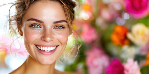 Nourishment brings complexion and radiance Concept. Radiant woman smiling with glowing skin and floral background, exuding joy