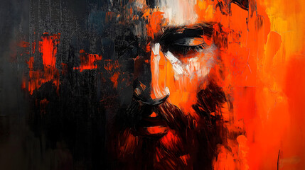 Abstract Jesus Portrait with Red and Black Paint