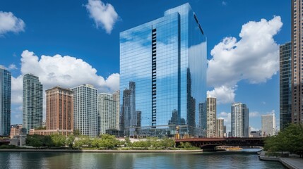 Obraz premium Skyscrapers with mirrored glass reflecting clouds, emphasizing the grandeur of urban architecture.