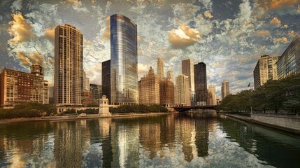 Obraz premium Skyscrapers with mirrored glass reflecting clouds, emphasizing the grandeur of urban architecture.