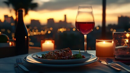Sophisticated evening meal arrangement, glowing wine goblet, plated cuisine on white dishes, urban skyline sunset, intimate candlelight, dramatic food styling, cinematic photography