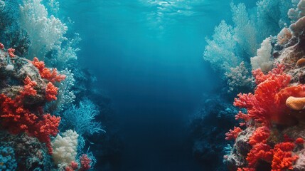 Naklejka premium Vibrant underwater coral reef with colorful marine life in clear blue ocean.