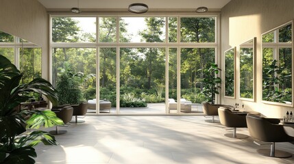 Spacious salon featuring panoramic windows, high-end furniture, and a serene ambiance for hair services.
