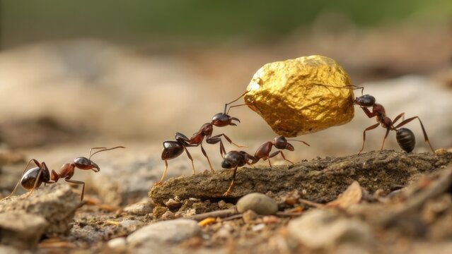 Ants work together to transport a shiny golden object across a textured surface, showcasing teamwork and determination in nature.