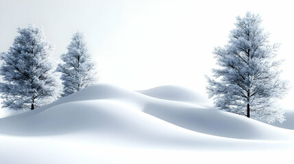 Obraz premium Snowy Landscape Shows Frost-Covered Trees on Rolling Snowdrifts Under a Bright Sky