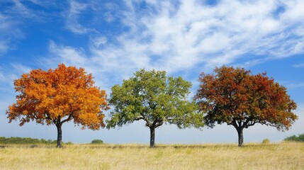 Fototapeta premium Seasonal change: oak trees representing winter, spring, summer, and autumn, showcasing unique foliage colors.