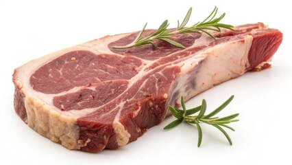 Fototapeta premium A fresh cut of meat garnished with rosemary, showcasing a rich marbling and inviting texture, ideal for grilling or roasting.