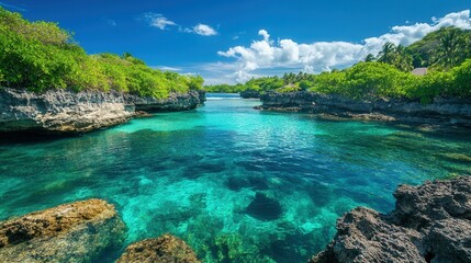 Fototapeta premium Stunning tropical lagoon with clear turquoise water and lush greenery.