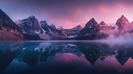 Sunrise mountain lake reflection, scenic panorama, misty peaks, travel poster