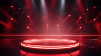 Red Circular Stage with Blurred Background, Bright Stage Lights, Empty Platform for Performance or Presentation, Dramatic Lighting Effect