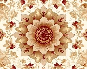 Elegant Henna Inspired Floral and Geometric Pattern in Soft Brown and Cream Tones