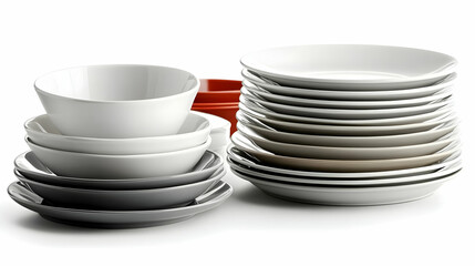 Stacks of Empty Bowls and Plates Showcase Modern Tableware Design on White