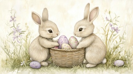 Two cute bunnies sharing an Easter egg from a basket overflowing with springtime treats.