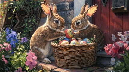 Two cute bunnies sharing an Easter egg from a basket overflowing with springtime treats.