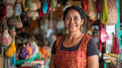 Obraz premium Portrait of 37-Year-Old Indonesian Woman, Handicraft Shop Owner, Surrounded by Colorful Handmade Items in Bustling Market Setting