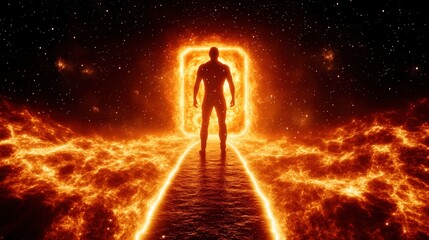 Fototapeta premium Ethereal Figure in Fiery Portal Surrounded by Cosmic Elements in a Mysterious Universe Setting
