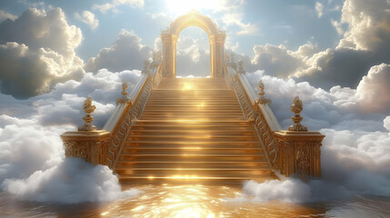 Golden Stairway Ascends to Celestial Archway Amidst Clouds and Sunlight Illustration