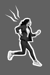 Creative photo 3d collage artwork poster postcard of funky lady hurrying special offer low prices clothes isolated on painting background