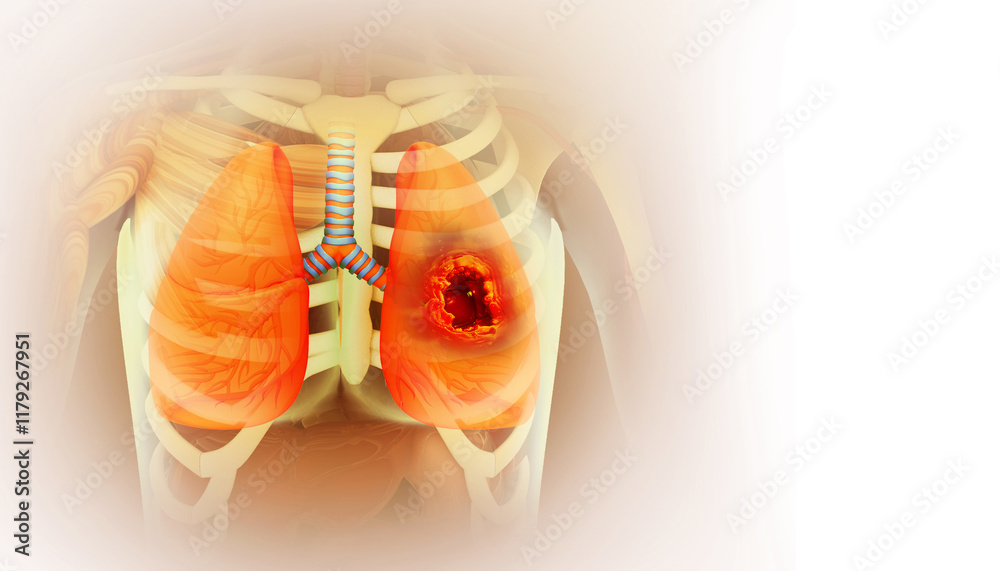 Wall mural Medical Illustration showing lung cancer or bronchial carcinoma. 3d illustration