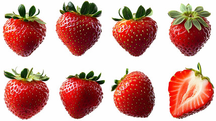 Set of ripe strawberries shows various angles, including a sliced one, on a white background.