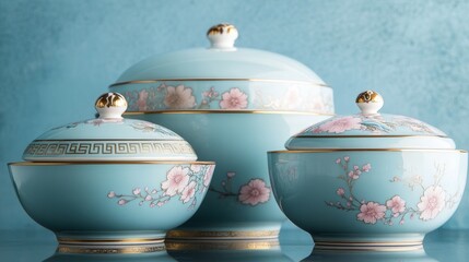 Elegant Chinese-inspired dinnerware collection, traditional ceramic covered bowls, pastel blue and pink decorative motifs, gold leaf accents, symmetrical arrangement, macro product photography,
