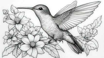 Monochrome hummingbird hovering near flowers.