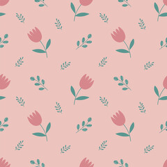 Seamless spring pattern with tulips and green twigs on a pink background