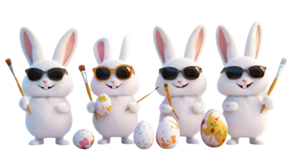 Adorable Easter Bunnies Painting Eggs: Festive Spring Holiday Image Perfect for Greeting Cards, Websites, and Social Mediaon white and transparent Background