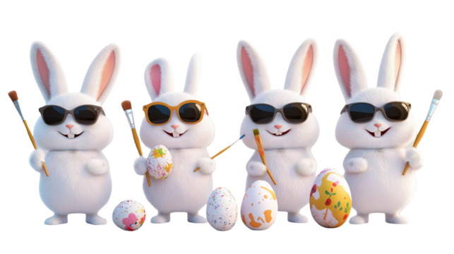 Adorable Easter Bunnies Painting Eggs: Festive Spring Holiday Image Perfect for Greeting Cards, Websites, and Social Mediaon white and transparent Background