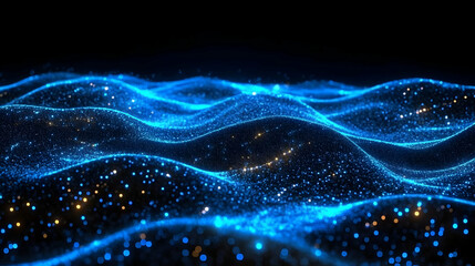 Abstract blue wave background flows smoothly with dynamic particles and glowing lights.