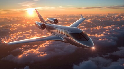 The image depicts a sleek, silver private jet in flight above a layer of clouds.  The sun is setting, casting a warm golden light on the clouds and the aircraft. The jet is presented in a
