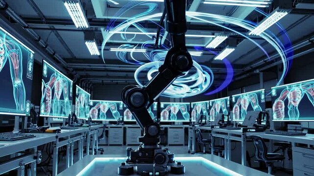 Advanced robotics technology showcases human anatomy in a high-tech laboratory setting