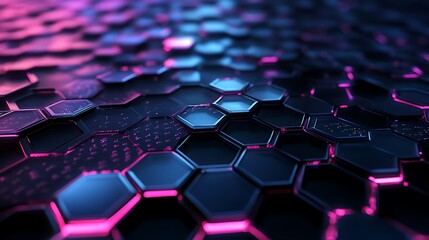Abstract futuristic hexagonal surface, glowing with vibrant light, network connections visible in background