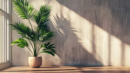 A potted plant casts shadows on a textured wall, creating a serene indoor atmosphere.