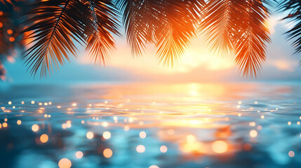 Tropical Palm Leaves Frame a Stunning Sunset over a Sparkling Ocean Background