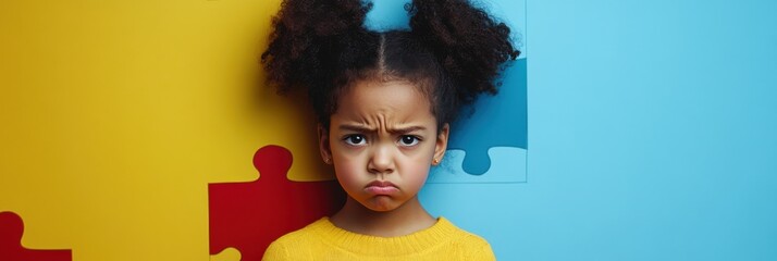 Puzzled Young Girl Against Colorful Puzzle Pieces Background for Children's Emotional Expression Concepts