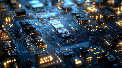 Obraz premium Futuristic Circuit Board Glows with Integrated Circuits and Complex Electronic Components Dynamically.